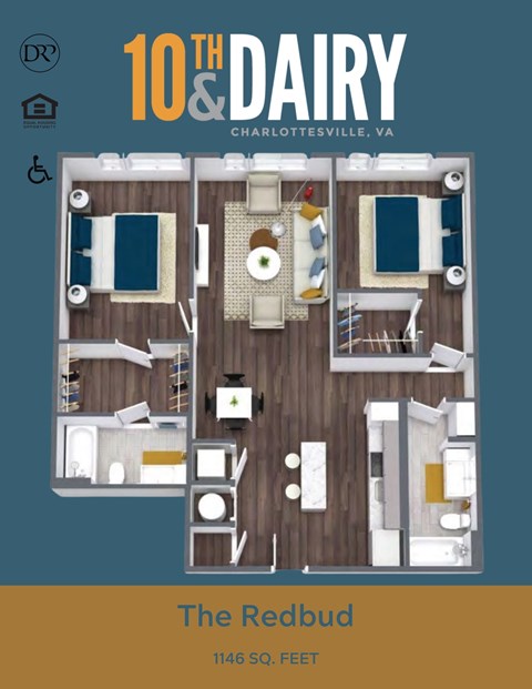 Floor plan for 2 beds, 2 baths, 1146 sqft